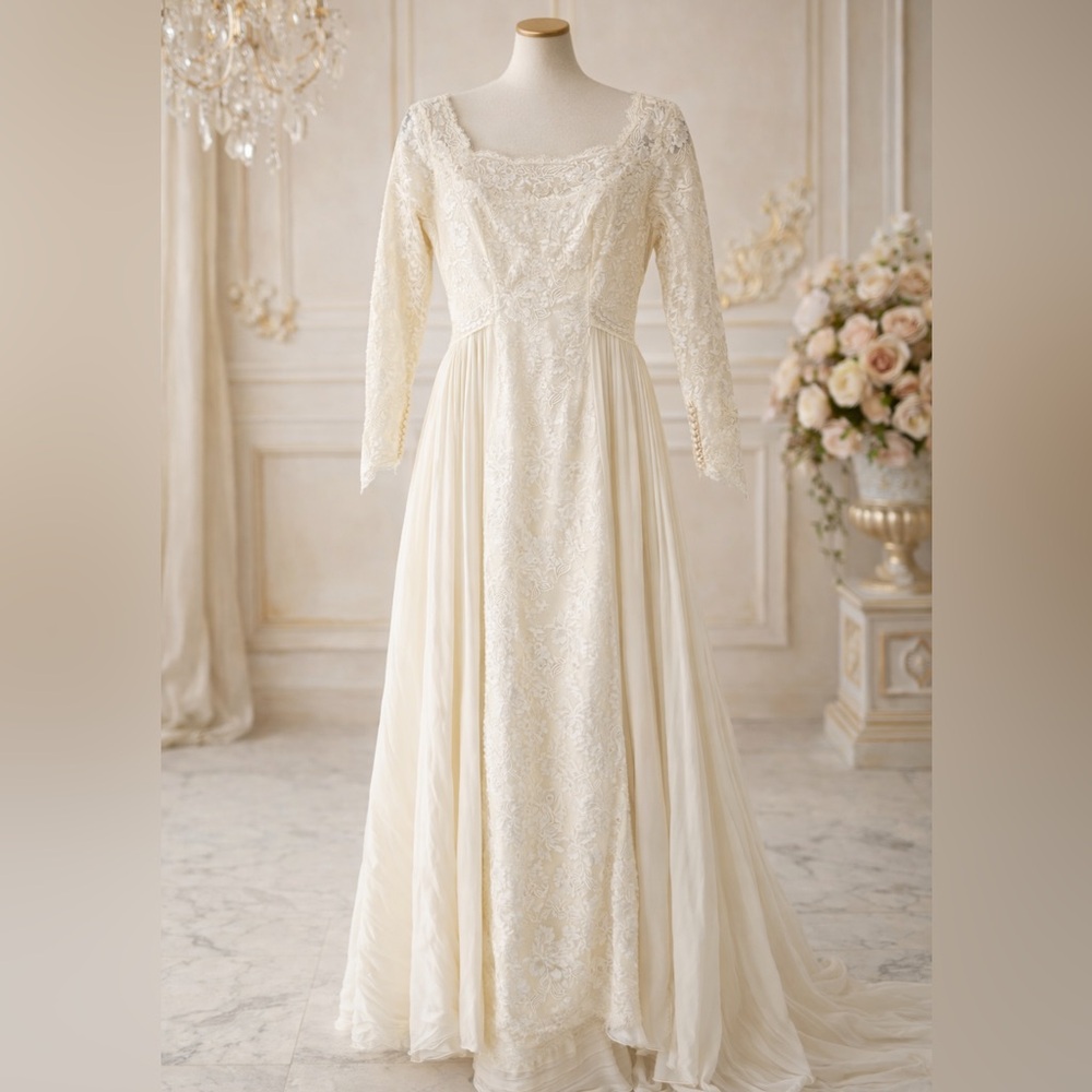 Vintage William Cahill Boho Lace Wedding Dress Stunning Hi Low Gown Train